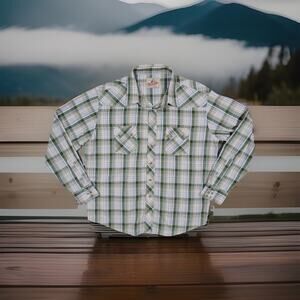 VTG Wrangler American Cowboy Pearl Snap Plaid Western Shirt Long Sleeve Men's